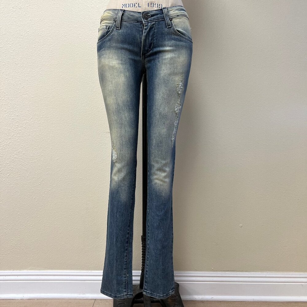 NWOT Deadstock 2000s Unknown Factory Skinny Low Rise Light Distressed Jeans 26
